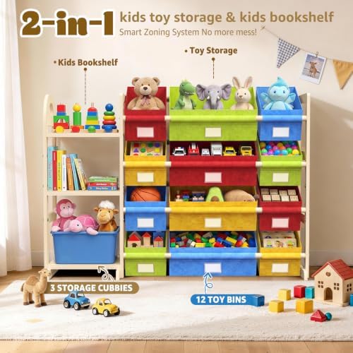 Toy Storage Organizer with 3 Shelves and 12 Bins, Bookshelf/Bookcase, Kids Bin Shelf, Toys Box for Playroom Organization for Bedroom & Room, 47.4" W (Four-color) - Image 3