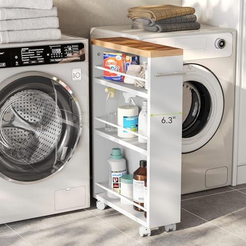 LITTLE TREE 4 Tier Rolling Cart with Wheels, 6.3 Inch Slim Storage Cart, Wooden Snack Cart with Narrow Shelf, White Laundry Room and Bathroom Organizer Shelves - Image 4