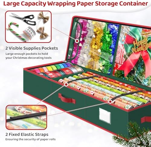 BlessedSeason Wrapping Paper Storage Organizer for 40 Inch Christmas Gifts Wrapping Paper, 2 Visible Supplies Pockets for Holiday Accessories, Christmas Decoration Storage Containers, Green - Image 4