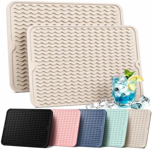 2 Pack Silicone Dish Drying Mat for Kitchen Counter Dining Place Mats Waterproof Shower Caddy Organizer Sink Protector Appliance Storage Vanity Trays Dryer Rack Drainers Items 15"x11.5" Beige by AOTASO