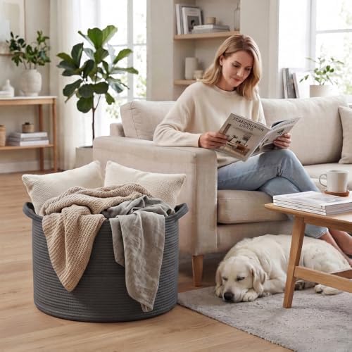 115L Extra Large Blanket Basket,Woven Rope Laundry Basket-Dark Grey - Image 4