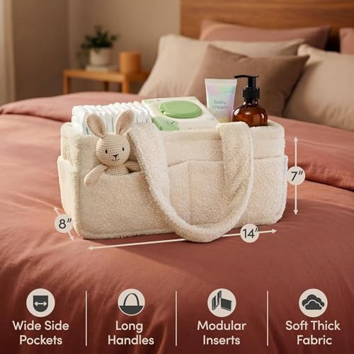 PUTSKA Baby Diaper Caddy Organizer, Nursery Fleece Basket (Cream, Fleece) - Image 2