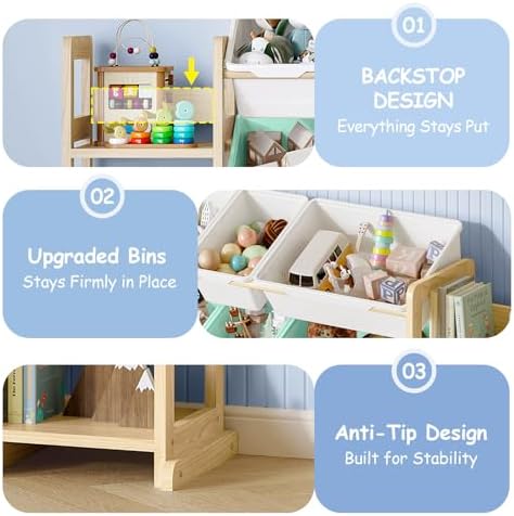 EXPERLAM Extra Large Toy Storage - Toy Storage Organizer, Wooden Toy Organizer with 6 Side Shelves and 16 Bins, 3-in-1 Bookshelf for Kids Rooms, Playroom, Nursery, Multi - Image 4