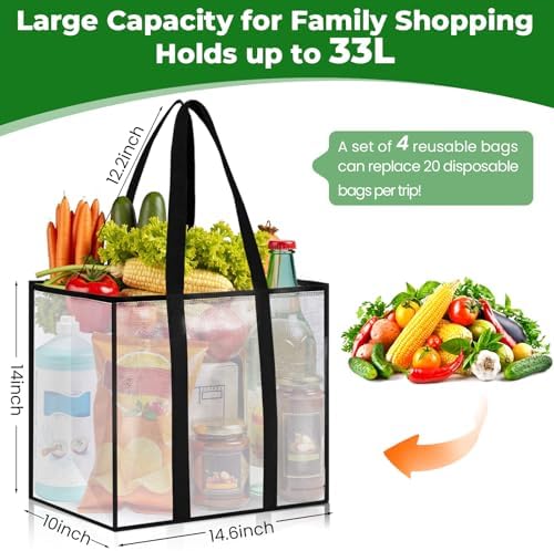 Reusable Grocery Bags, Clear Shopping Bags, 4 Pack, 33L - Image 3