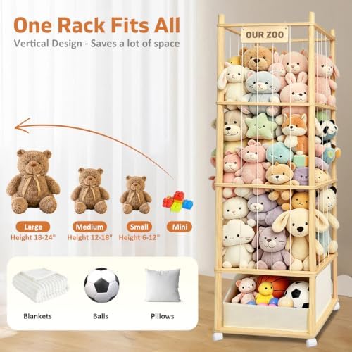 Large Stuffed Animal Storage with Toys Tray, Wood Stuffed Animal Zoo Storage with Brake Wheels, Large Capacity Stuffed Animal Holder, Perfect for Nursery Playroom Kidroom Bedroom - Image 2