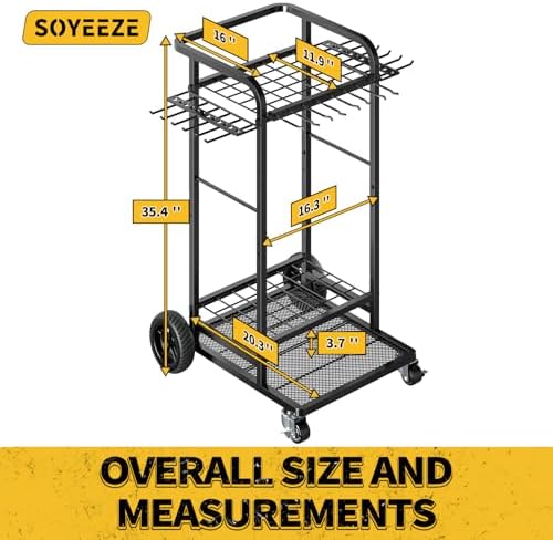 SOYEEZE Garden Tool Organizer with Large Wheels, Heavy Duty 3-Tier Yard Tower Tool Rack for Garage, Holds Up to 35 Long-Handled Tools, Garden Tool Cart with 12 Hooks for Tool Organization Storage - Image 3