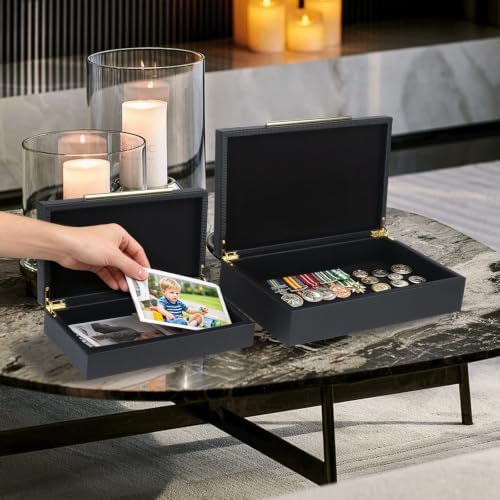 Black Decorative Storage Boxes with Lids, Faux Leather Keepsake - Image 2