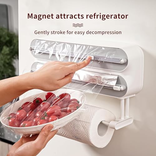 3 in 1 Aluminum Foil and Plastic Wrap Organize Dispenser with Cutter, Magnetic Paper Towel Holder for Fridge, Includes 1 Roll of Cling Film - Image 2