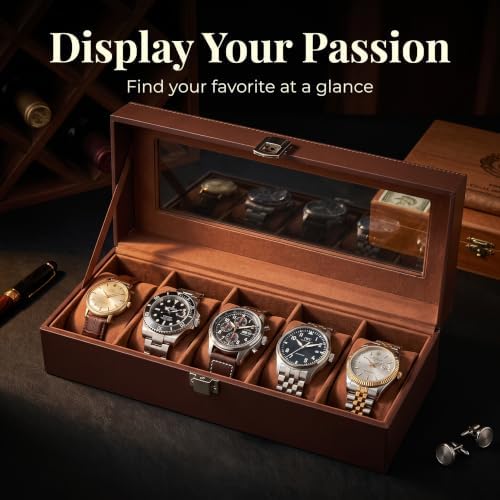 Watch Box Case for Men, Wooden Display Glass Lid - Image 4