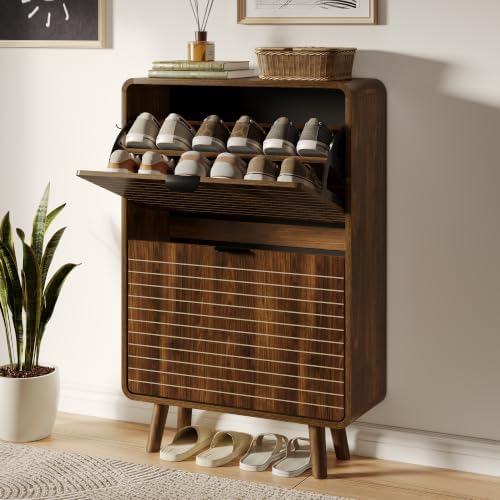 3imothrix Fluted Shoe Cabinet for Entryway with 2 Flip Drawers, Walnut by 3imothrix