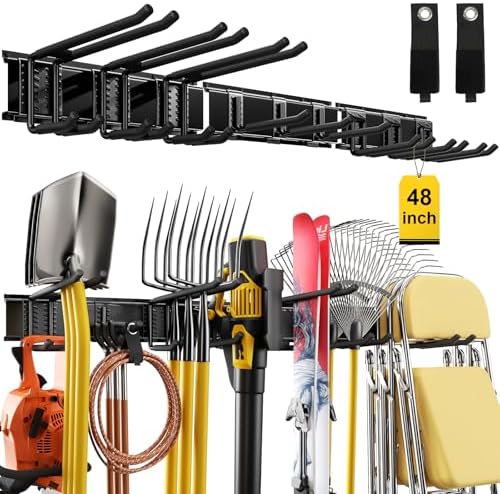 48" Garage Tool Organizer Wall Mount, 660lbs Heavy Duty Steel Garden Tool Storage Rack with 9 Adjustable Hooks for Yard, Shed, Garage (3 Racks, 9 Hooks, 2 Straps) by YZSFMZGE