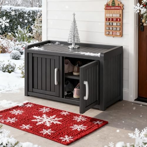 2-Tier Storage Bench, Waterproof UV-Resistant Outdoor Shoe Storage Cabinet with 2 Doors & Adjustable Shelves for Indoor Outdoor Entryway, Hallway, Living Room (Midnight Black) - Image 6