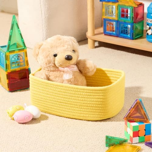 MiniArk Small Storage Baskets for Organizing | Closet Organizer Bins | Shelf Toy Basket | Woven Rope Baskets | Cube Decorative Box | Shallow Basket | 11.5x7.5x4.7” | 3 Packs Yellow - Image 4