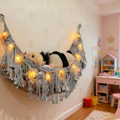 Stuffed Animal Hammock or Net With LED Lights Extra Large Wall Hanging Stuffed Animal Storage Nets for Teddy Bear Handmade Macrame Hanging Toy Net Hammock for Stuffed Animal (Gray) - Image 4