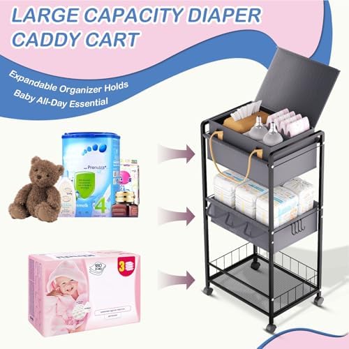 2IN1 Baby Diaper Caddy Organizer-3 Tier Rolling Storage Cart with Dividers - Image 5