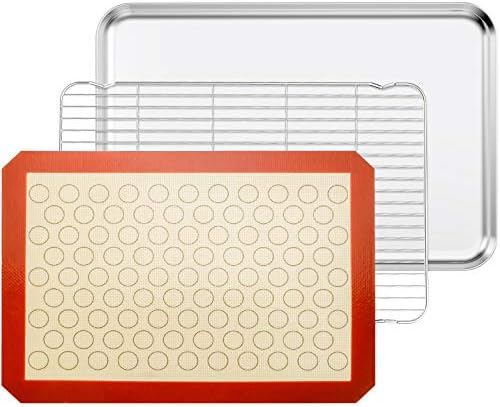 Baking Sheet with Cooling Rack and Silicone Baking Mat, 20 Inch Stainless Steel Bakeware, Healthy & Nontoxic & Rustproof & Easy Clean & Dishwasher Safe by BASTWE
