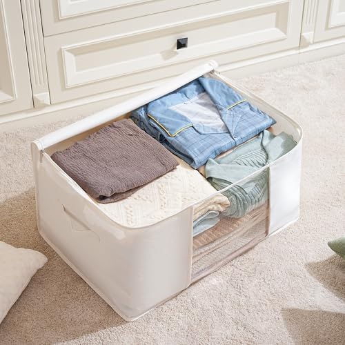 TYEERS Large Storage Bags with Zipper and Clear Window, Cotton Blended Fabric Storage Containers for Seasonal Clothes and Bedding, 23.6x15.7x13.8 Inches, 4-Pack, Beige - Image 3