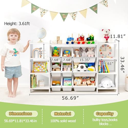 MallBest 57" Extra Wide Kids Bookshelf and Toy Storage Organizer, Solid Pine Wood Frame Playroom Organizer with 9 Bins, 4-Tier Toy Organizer for Kids Room, Nursery and Bedroom,White - Image 3