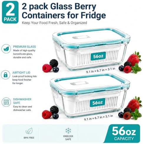 2 Pack 56oz Glass Berry Container for Fridge,with Removable Colander and Vent Valve,Fresh Fruit and Vegetable Storage Set - Image 2