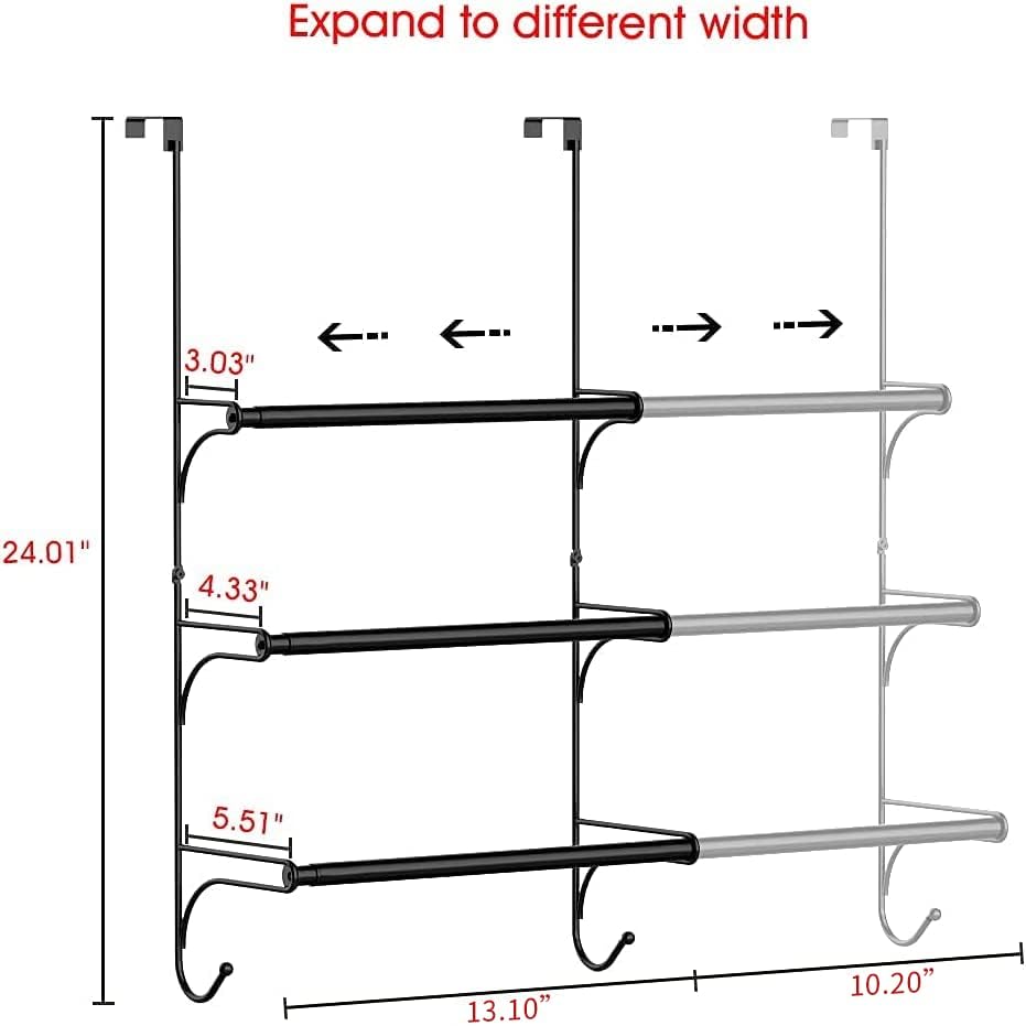 Auledio Adjustable Over the Door Triple Towel Rack with Hooks,Black - Image 2