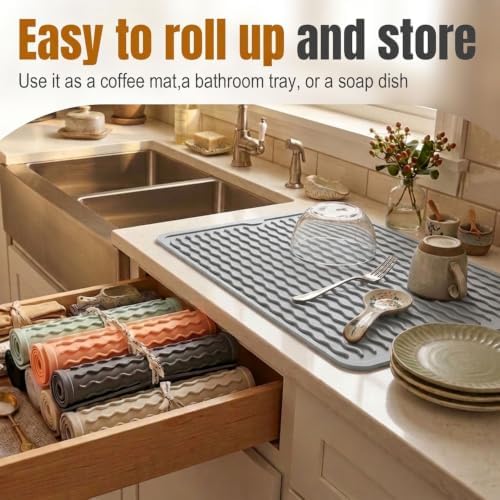 2 Pack Silicone Dish Drying Mat for Kitchen Counter Heat Resistant Pads Hot Dishes Waterproof with Under Sink Soap Holder Coffee Bar Accessories Women Gifts Large 18"x16" Light Gray - Image 3
