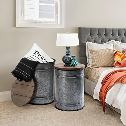 RUSTOWN Farmhouse Accent Side Table, Set of 2 Galvanized Storage Ottoman - Image 2