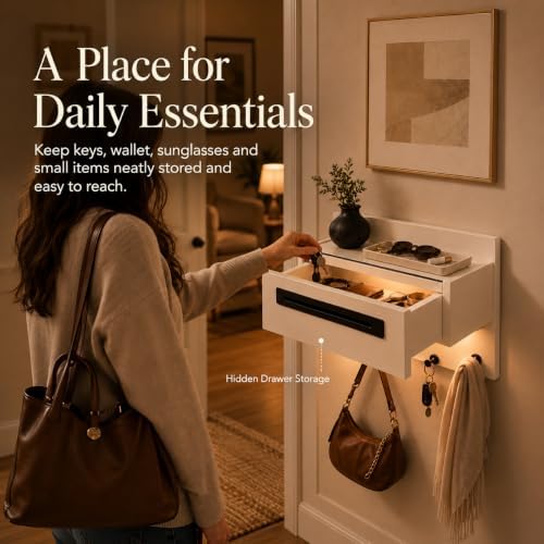 Wall Mounted Entryway Organizer with Drawer, Storage Shelf, Light and Coat Hooks, Entryway Drop Zone for Keys, Mail and Bags, Matte Warm White - Image 2