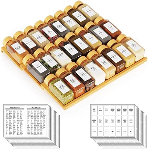 SpaceAid Bamboo Spice Drawer Organizer with 24 Spice Jars, 378 White Minimalist Spice Labels, 3 Tier Seasoning Rack Tray Insert for Kitchen Drawers, 15" Wide x 15" Deep x 2.6" Tall by SpaceAid