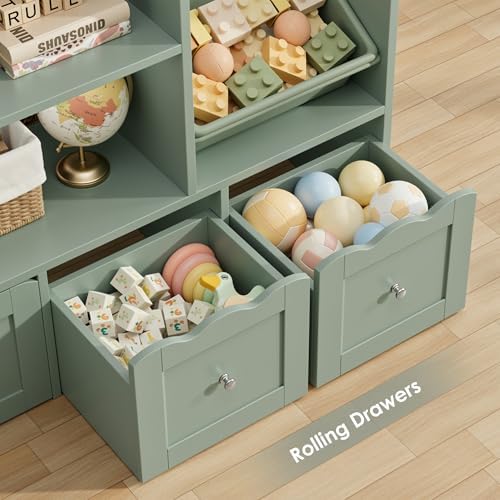 HITHOS 55" W Kids Toy Storage Organizer with 10 Toy Box & Book Shelf, Green - Image 5