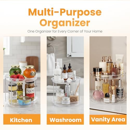 Oizeir 2 Tier Lazy Susan Organizer for Cabinet, Clear Acrylic Rotating Spice Rack Turntable for Kitchen, Pantry, Countertop, Bathroom, Vanity – Double Tier Storage Carousel with Metal Supports - Image 5