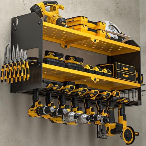 YYR Power Tool Organizer Wall Mount, Cordless Drill and Battery Holder, Electric Tools Hanger Storage Rack with Charging Station, Garage Organization Floating Shelf - Made of Heavy Duty Metal, Yellow by YYR