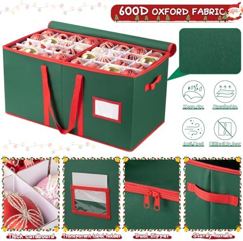 OIAHOMY Ornament Storage Box Holds 128 Christmas Ornaments, Christmas Ornament Storage Include Trays and Zippers, Ornament Organizer with Handle, Made of 600D Oxford Fabric - Green - Image 4