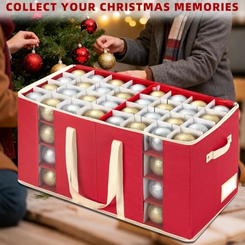 JY COOKMENT Christmas Ornament Storage Box with Adjustable Dividers, Large Holiday Ornaments Storage Container Bin with Zippered Top for Xmas Decorations (128-3" Balls, Red, Without Tray) - Image 3