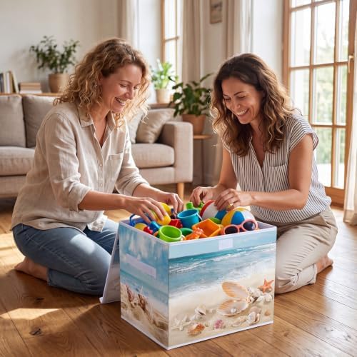 Briwooody Beach Storage Bin with Lid Handle Coastal Foldable Storage Box - Image 4