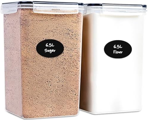 Extra Large Flour and Sugar Storage Containers 6.5L/220 Fl. oz; Set of 2 Plastic Bulk Airtight Food Storage Rice Containers With Lids - Kitchen Pantry Organizer and Storage Canisters, Marker & Labels by DW%C3%8BLLZAKITCHEN