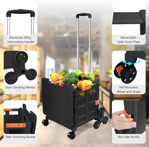 Foldable Utility Cart Collapsible Portable Crate Rolling Carts with Stair Climbing Wheels Tote Basket with Magnetic Lid Telescopic Cover Wear-Resistant 360°Rotate Wheel Noiseless for Shopping Office - Image 4