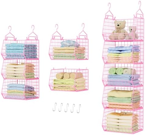 5 Tier Closet Hanging Organizer, Clothes Hanging Shelves with 4 Hanging Hooks 5 S Hooks, Wire Storage Basket Bins, for Clothing Sweaters Shoes Handbags Clutches Accessories Patent Design-Pink by X-cosrack