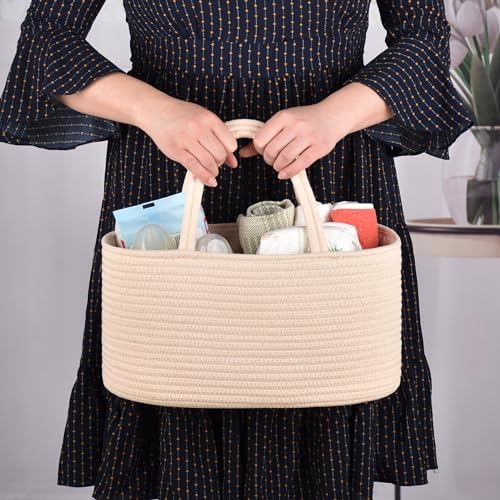 COMSE Large Cotton Rope Baby Diaper Caddy Organizer with Handles, Beige - Image 2
