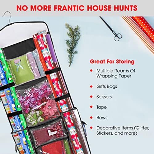 Wrapping Paper Storage Hanging Over the Door Wrapping Paper Organizer Store Gift Wrap Gift Bags Ribbon Bows and Accessories 40”x17” Fits Long 40 Inch Rolls Double Sided Bag (Black Seam) - Image 4