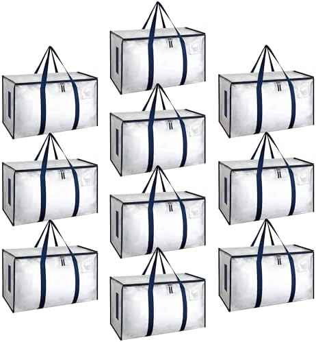 HealSmart 10 Pack Large Moving Bags with Zippers & Handles, Moving Supplies with lids, Heavy Duty Totes for Space Saving, Fold Flat, Moving and Storing, Clear by HealSmart