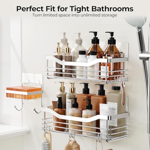 Orimade Shower Caddy Basket Shelf,3-Pack Adhesive Shower Organizer with Soap Dish Holder, No Drilling Wall Mounted Rustproof Stainless Steel Shower Shelves with 7 Hooks,for Bathroom - Image 4