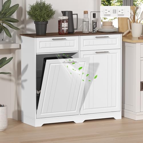 Double 10 Gallon Tilt Out Trash Can Cabinet with Deodorizing Function and Power Outlet, Wooden Hidden Garbage Can Holder with 2 Storage Drawers for Kitchen, Laundry Hamper Cabinet for Bathroom, White by JMHDYG