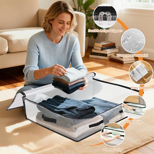 2 Pack Under Bed Storage Bags, 60L Foldable Clear Containers with Handles - Image 3
