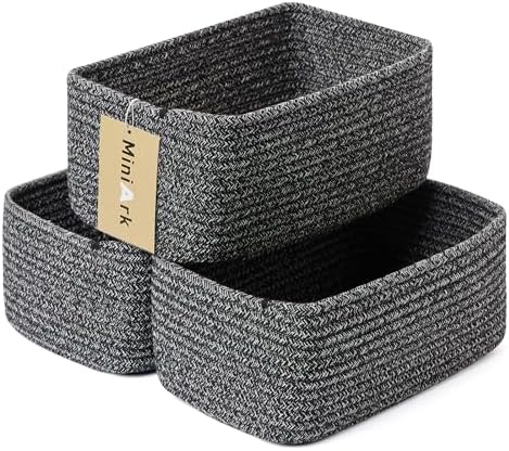 MiniArk Small Storage Baskets for Organizing | Closet Organizer Bins | Shelf Toy Basket | Woven Rope Baskets | Cube Decorative Box | Shallow Basket | 11.5x7.5x4.7” | 3 Packs Dark Gray by MiniArkStorageBasketsHome