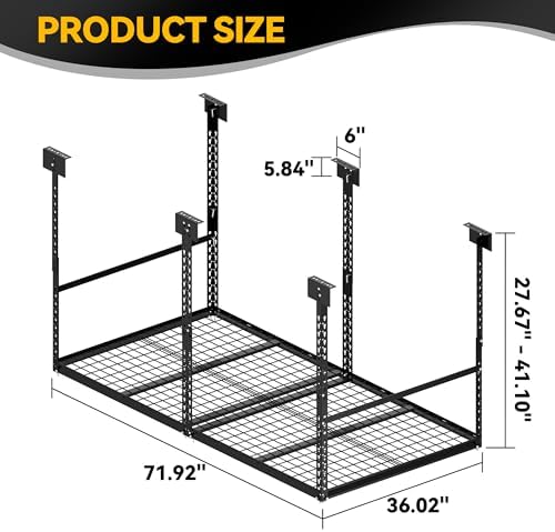 3x6 Ft Overhead Garage Storage Rack, 28-41 inch Height Adjustable Ceiling Mounted Organization Rack, 450 lbs Weight Capacity, 36"x72" Metal Rack for Garage Storage with Wire Decking - Image 6