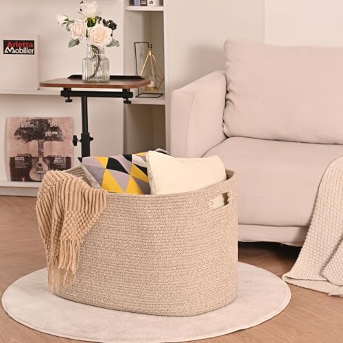 ICERZCZ Large Storage Basket for Organizing, Blanket Basket for Living Room, Large Toy Baskets for Storage, Woven Cotton Rope Baskets for Blankets, Clothes, Shoes, Brown, 25”x16”x16” (105L) - Image 3