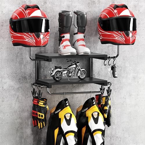 Motorcycle Helmet Holder Wall Mount, 2 Tier Helmet Rack with 2 Hat Stands by Unknown