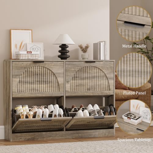 Fluted Shoe Storage Cabinet for Entryway, 4 Flip Drawers, Grey - Image 5