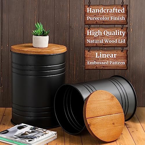 Glitzhome Rustic End Table Set of 2, Farmhouse Galvanized Metal Barrel Ottoman Storage Stool with Round Wood Lid for Living Room Furniture, Black - Image 4