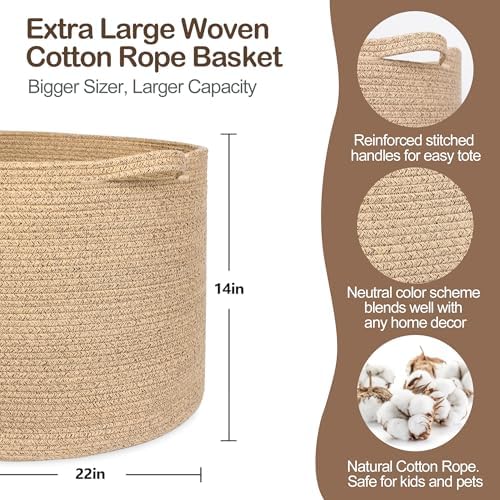 MEGASKET Extra Large Storage Basket, 22”x14” Woven Cotton Rope Basket, Big Kids Dog Floor Toy Bin, XXL Blanket Pillow Holder for Living Room Bedroom, Brown Variegated Round Baskets for Organizing - Image 2